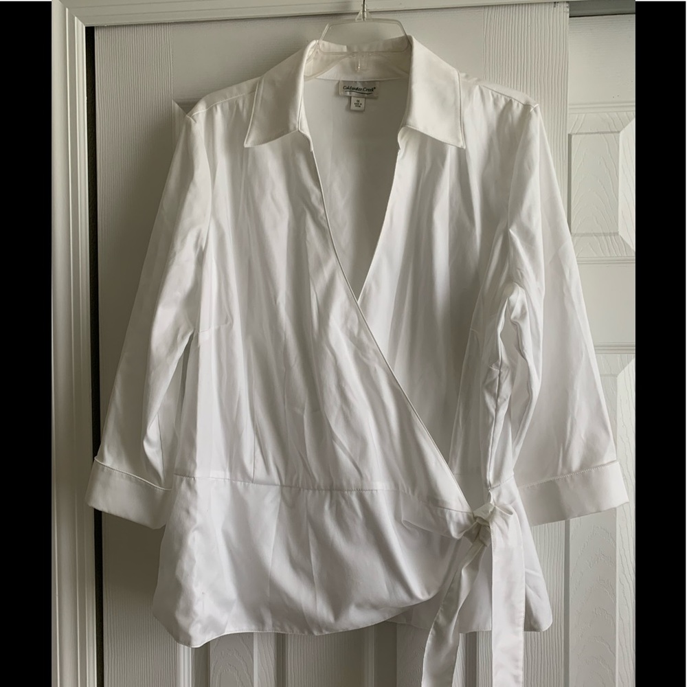 White coldwater creek wrap blouse with peplum.